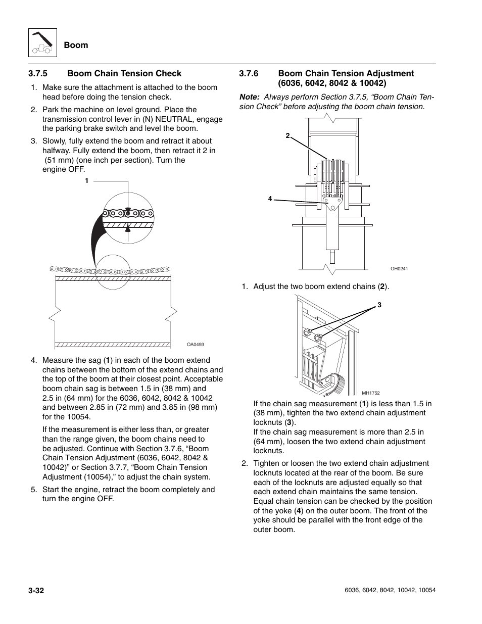 5 boom chain tension check, Boom chain tension check | SkyTrak 6036 Service Manual User Manual | Page 74 / 276