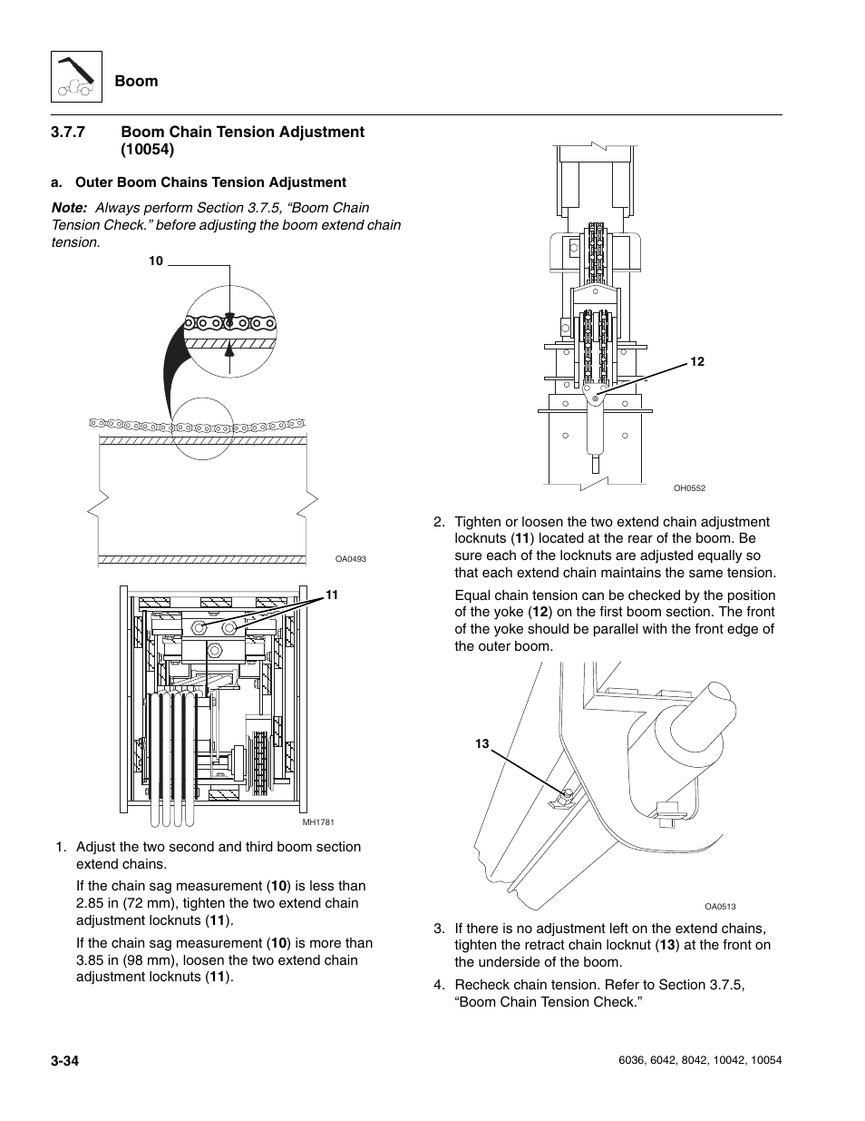 7 boom chain tension adjustment (10054), Boom chain tension adjustment (10054) | SkyTrak 6036 Service Manual User Manual | Page 76 / 276
