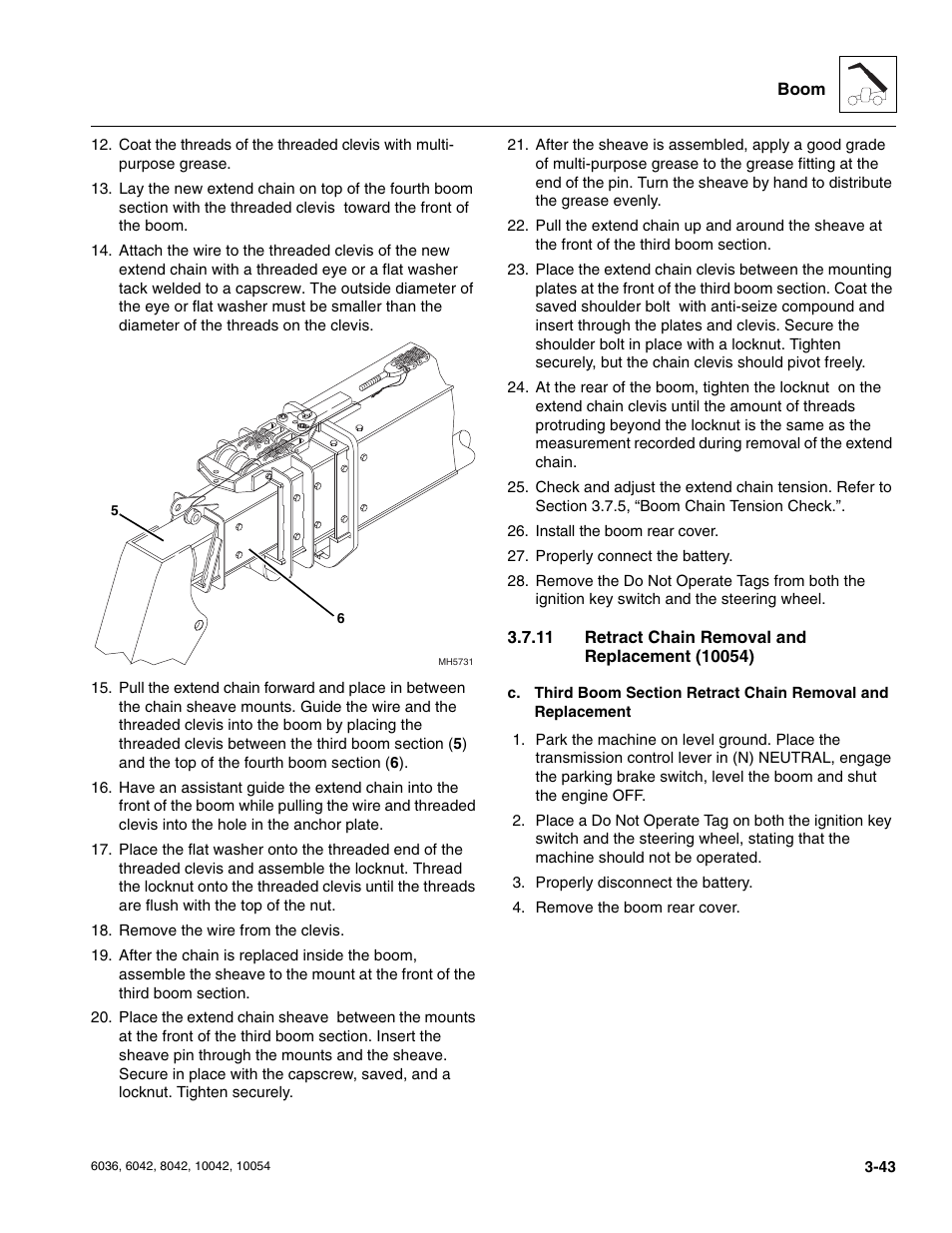 11 retract chain removal and replacement (10054), Retract chain removal and replacement (10054) | SkyTrak 6036 Service Manual User Manual | Page 85 / 276