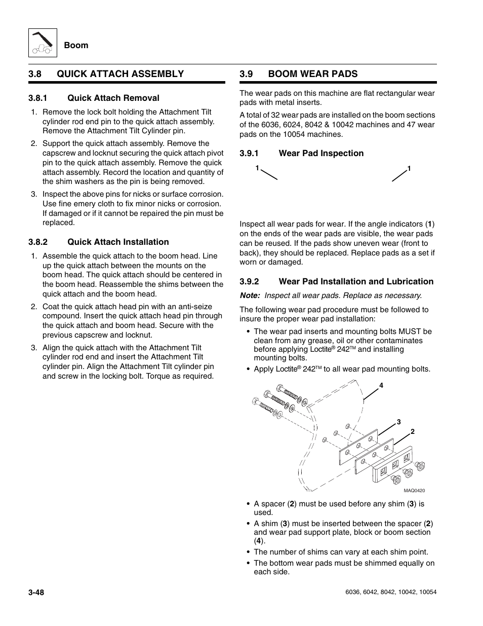 8 quick attach assembly, 1 quick attach removal, 2 quick attach installation | 9 boom wear pads, 1 wear pad inspection, 2 wear pad installation and lubrication, Quick attach assembly, Boom wear pads, Quick attach removal, Quick attach installation | SkyTrak 6036 Service Manual User Manual | Page 90 / 276