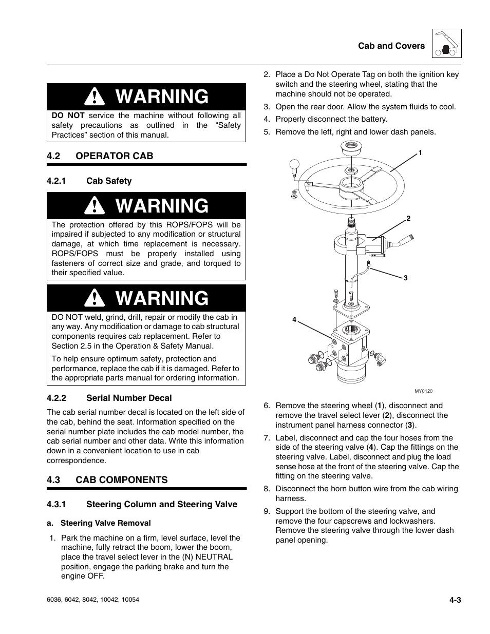 2 operator cab, 1 cab safety, 2 serial number decal | 3 cab components, 1 steering column and steering valve, Operator cab, Cab components, Cab safety, Serial number decal, Steering column and steering valve | SkyTrak 6036 Service Manual User Manual | Page 97 / 276