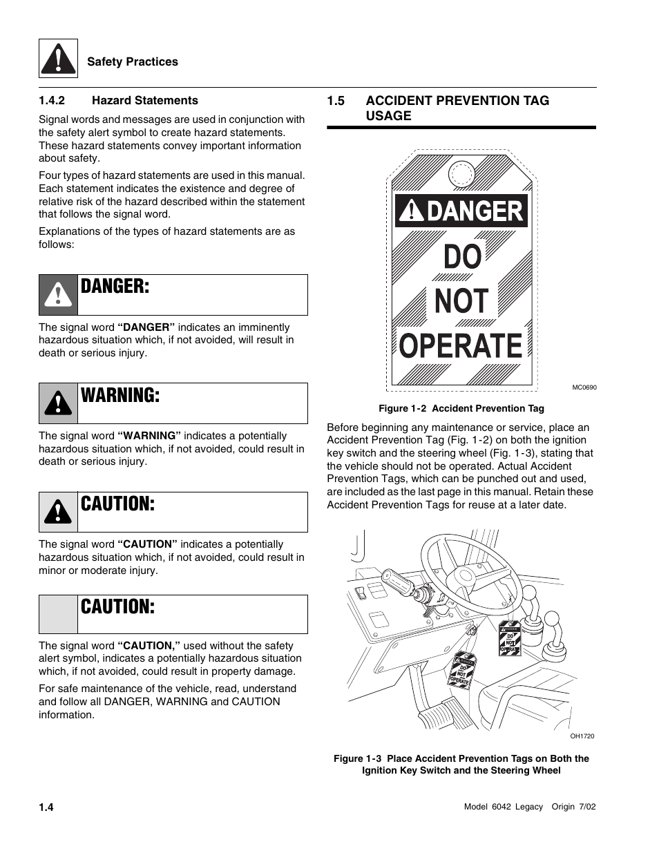 Accident prevention tag usage, Hazard statements, Danger: warning: caution: caution | SkyTrak 6042 Service Manual User Manual | Page 10 / 544