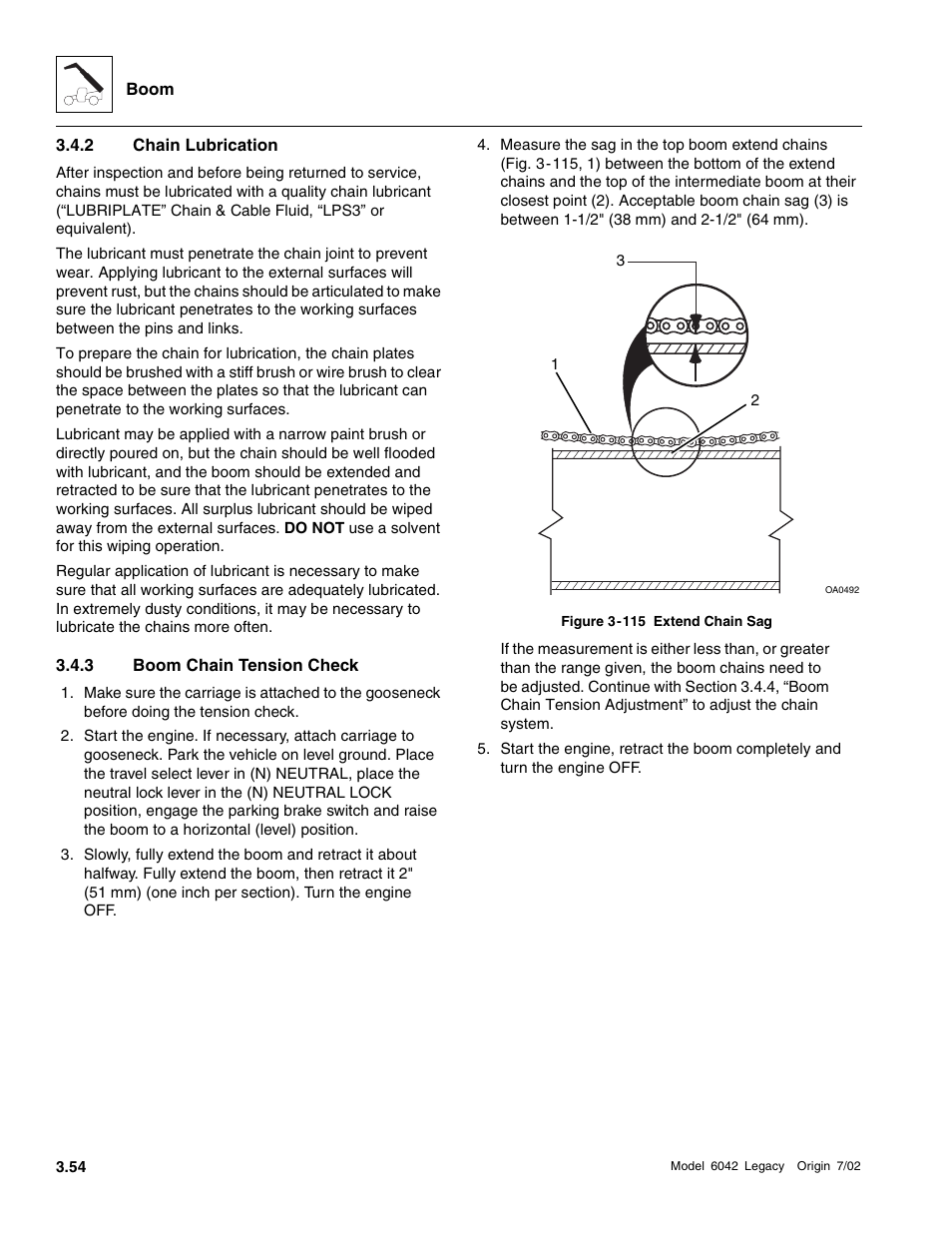 Chain lubrication, Boom chain tension check, Section 3.4.3, “boom chain tension check,” and | To section 3.4.2, “chain lubrication, Section 3.4.2, “chain lubrication, Section 3.4.3 | SkyTrak 6042 Service Manual User Manual | Page 100 / 544