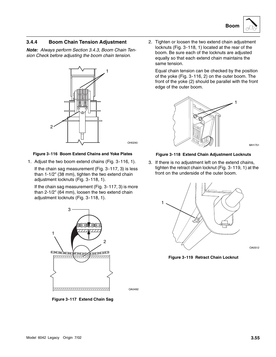 Boom chain tension adjustment, Section 3.4.4, “boom chain tension adjustment | SkyTrak 6042 Service Manual User Manual | Page 101 / 544