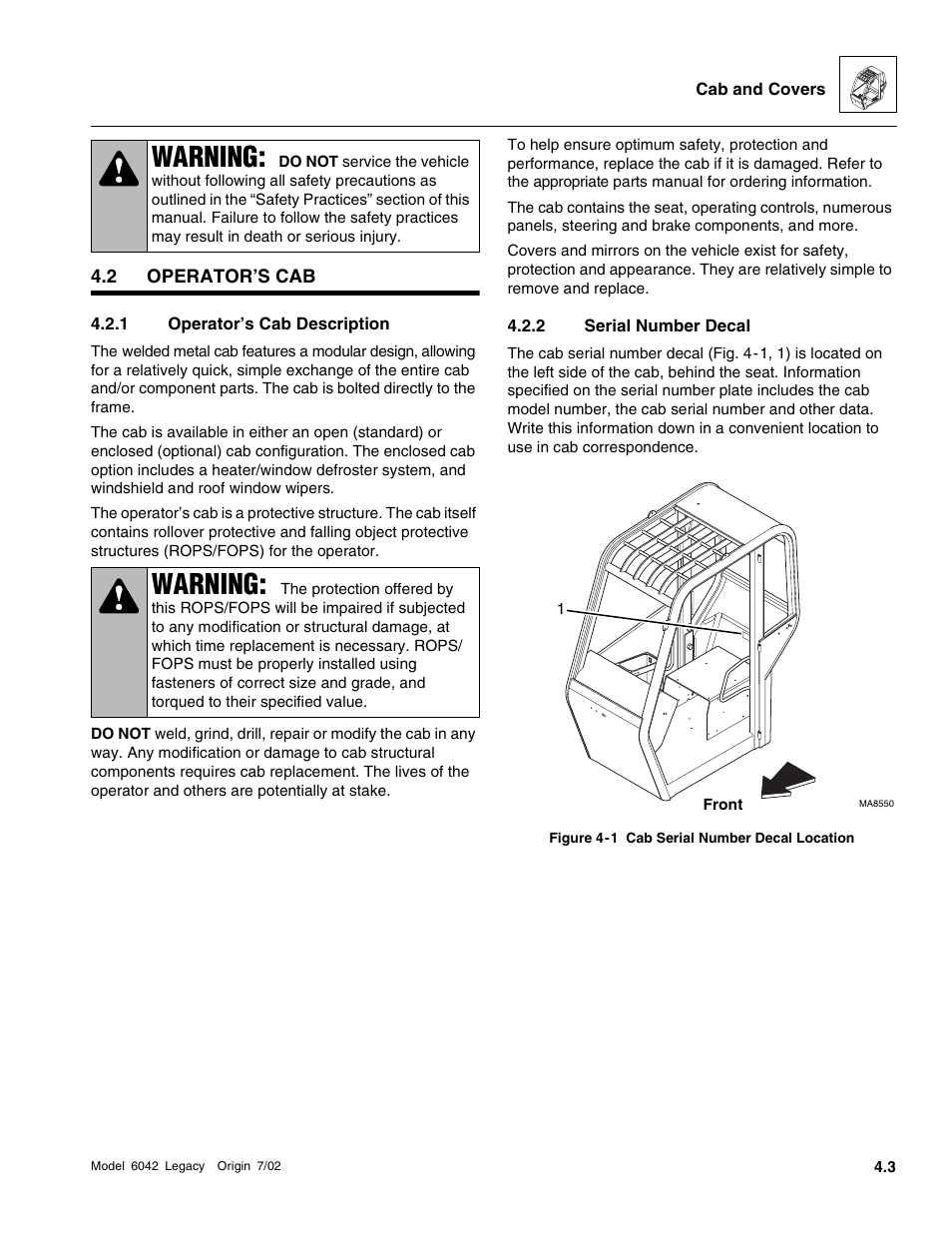 Operator’s cab, Operator’s cab description, Serial number decal | Warning | SkyTrak 6042 Service Manual User Manual | Page 123 / 544
