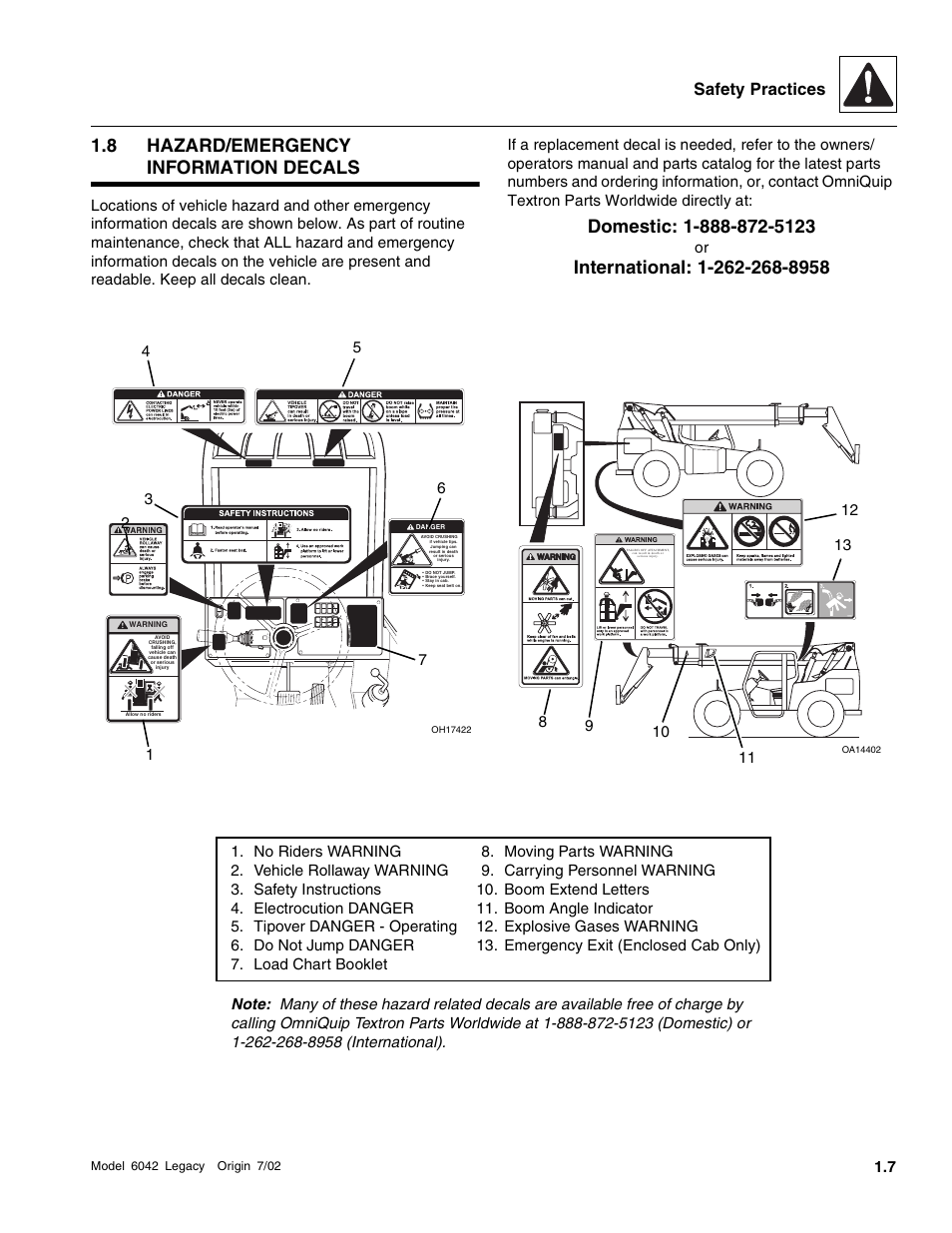 Hazard/emergency information decals, 8 hazard/emergency information decals, Safety practices | SkyTrak 6042 Service Manual User Manual | Page 13 / 544