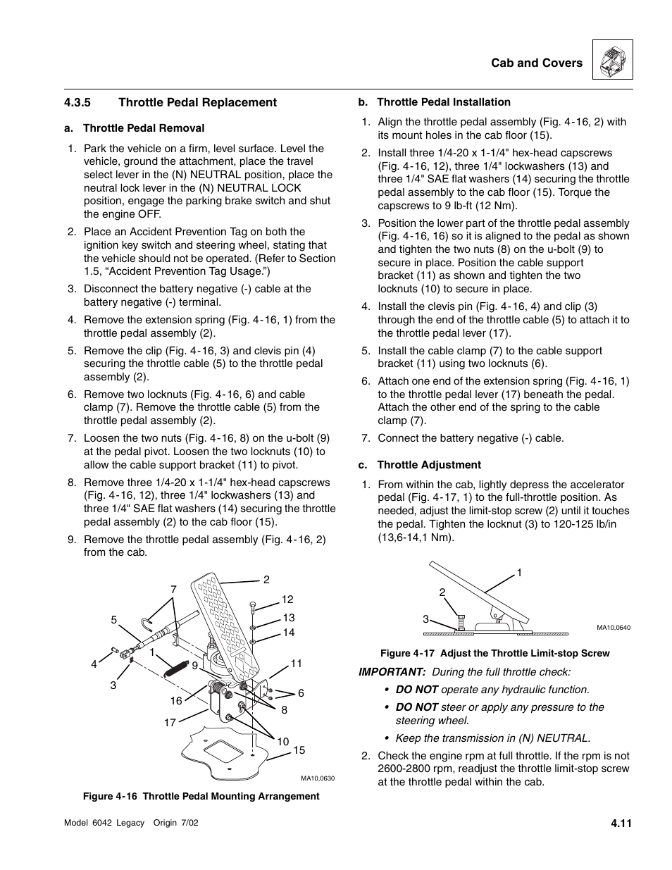 Throttle pedal replacement | SkyTrak 6042 Service Manual User Manual | Page 131 / 544