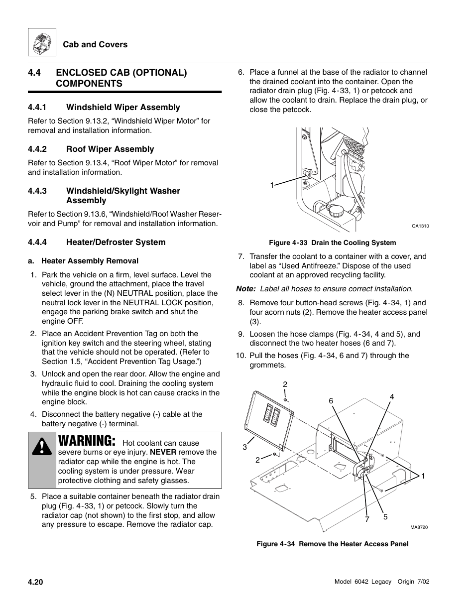 Enclosed cab (optional) components, Windshield wiper assembly, Roof wiper assembly | Windshield/skylight washer assembly, Heater/defroster system, Warning | SkyTrak 6042 Service Manual User Manual | Page 140 / 544