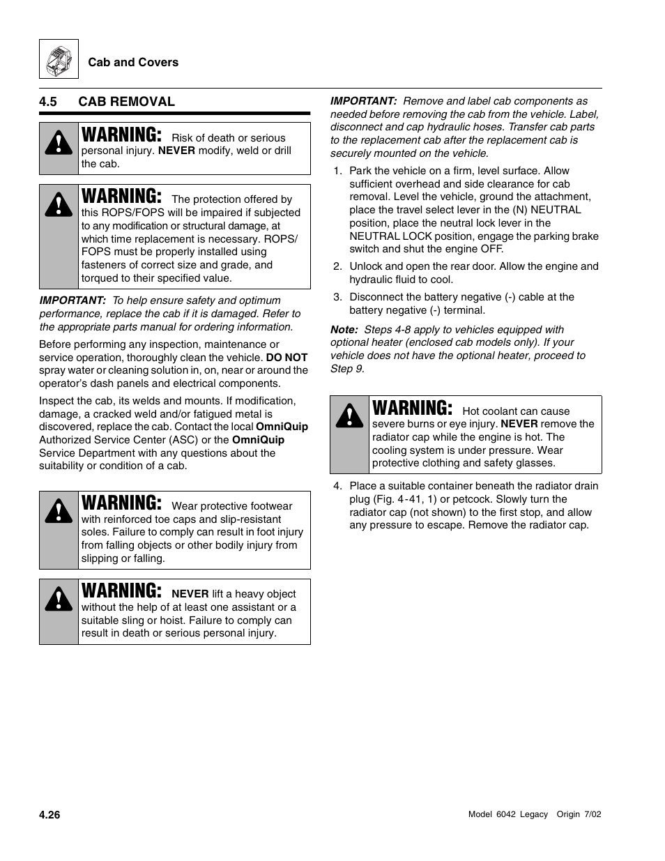 Cab removal, Warning | SkyTrak 6042 Service Manual User Manual | Page 146 / 544