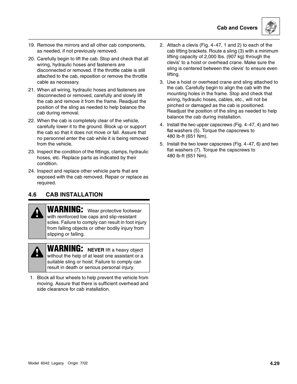 Cab installation, Warning | SkyTrak 6042 Service Manual User Manual | Page 149 / 544