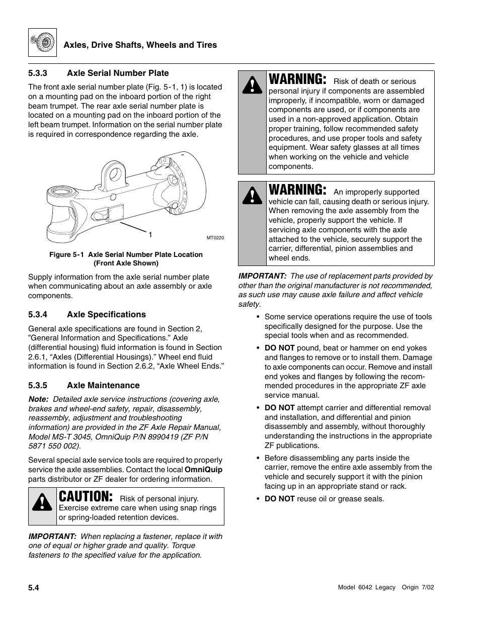 Axle serial number plate, Axle specifications, Axle maintenance | Caution, Warning | SkyTrak 6042 Service Manual User Manual | Page 156 / 544