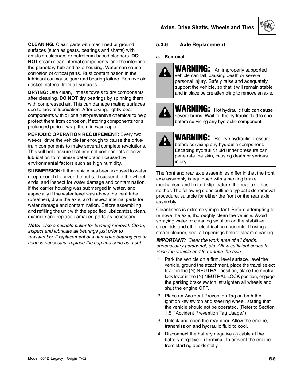 Axle replacement, Warning | SkyTrak 6042 Service Manual User Manual | Page 157 / 544
