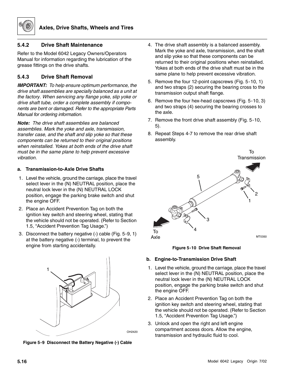 Drive shaft maintenance, Drive shaft removal, To section 5.4.3, “drive shaft removal.”) | SkyTrak 6042 Service Manual User Manual | Page 168 / 544