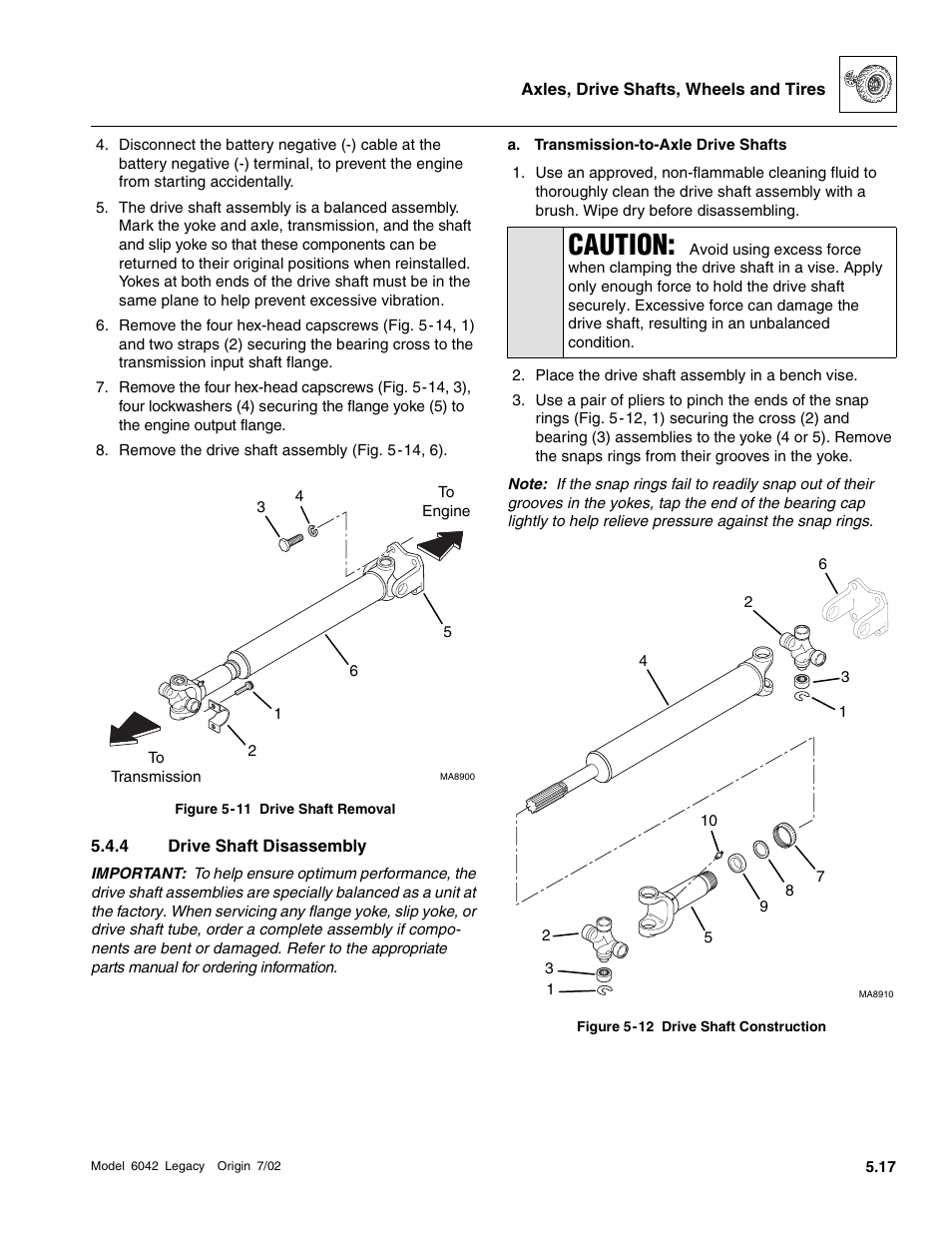 Drive shaft disassembly, Caution | SkyTrak 6042 Service Manual User Manual | Page 169 / 544