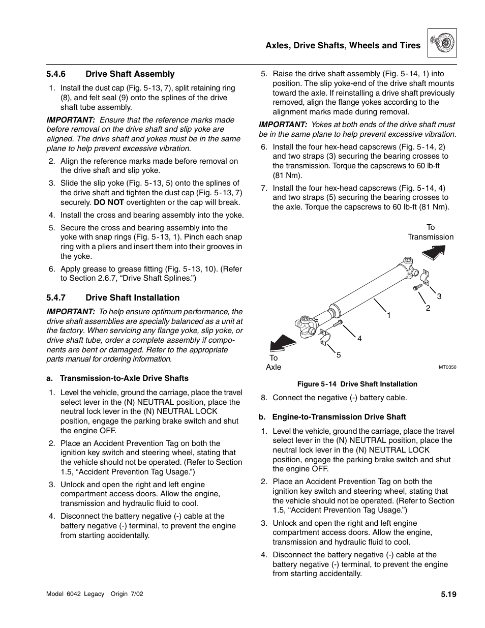 Drive shaft assembly, Drive shaft installation, Section 5.4.7, “drive shaft installation.”) | Fig. 5-14, S (fig. 5-14, Fig. 5-14, 6 | SkyTrak 6042 Service Manual User Manual | Page 171 / 544