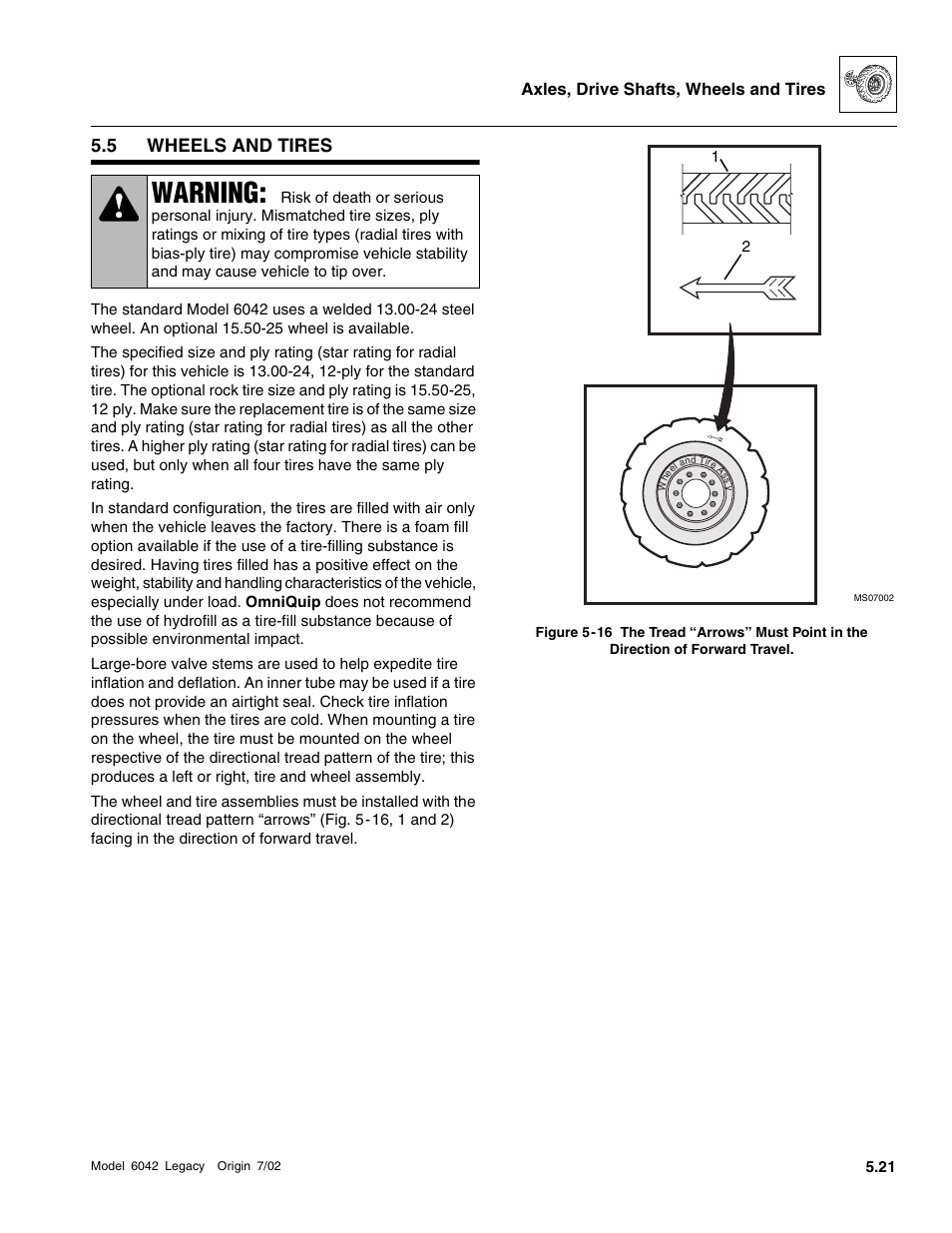 Wheels and tires, Warning, 5 wheels and tires | SkyTrak 6042 Service Manual User Manual | Page 173 / 544