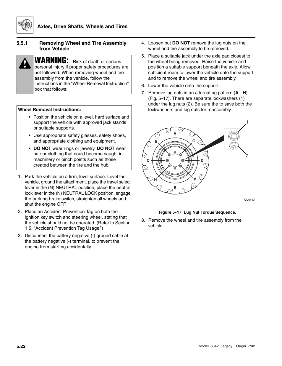 Removing wheel and tire assembly from vehicle, Warning | SkyTrak 6042 Service Manual User Manual | Page 174 / 544