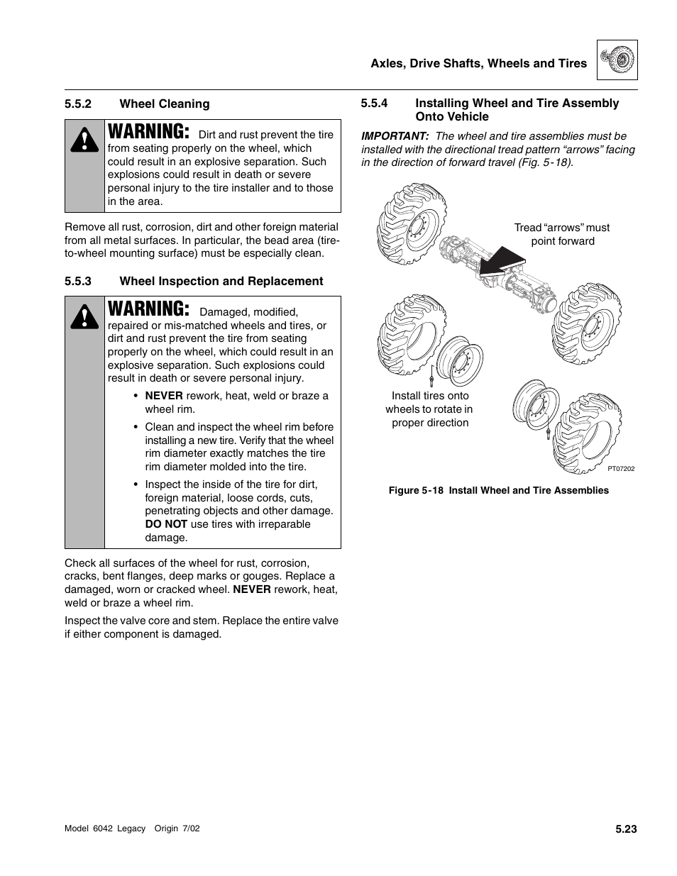 Wheel cleaning, Wheel inspection and replacement, Installing wheel and tire assembly onto vehicle | Warning | SkyTrak 6042 Service Manual User Manual | Page 175 / 544