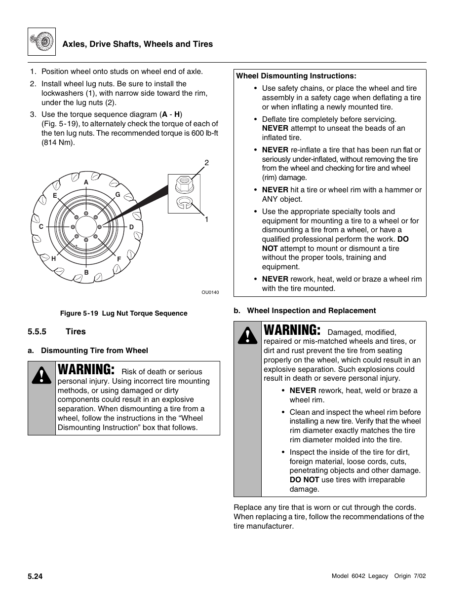 Tires, Warning | SkyTrak 6042 Service Manual User Manual | Page 176 / 544