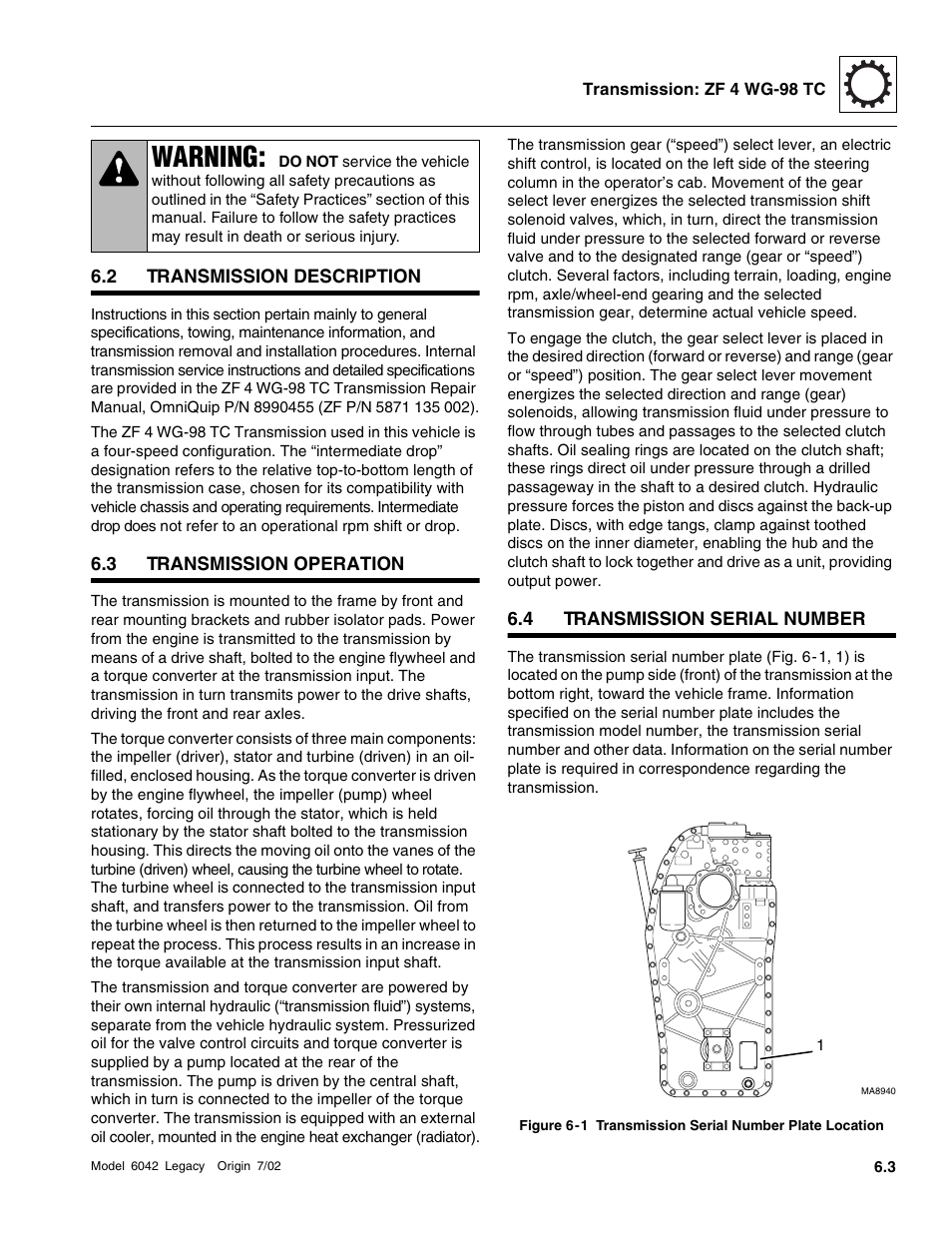 Transmission description, Transmission operation, Transmission serial number | Warning | SkyTrak 6042 Service Manual User Manual | Page 181 / 544