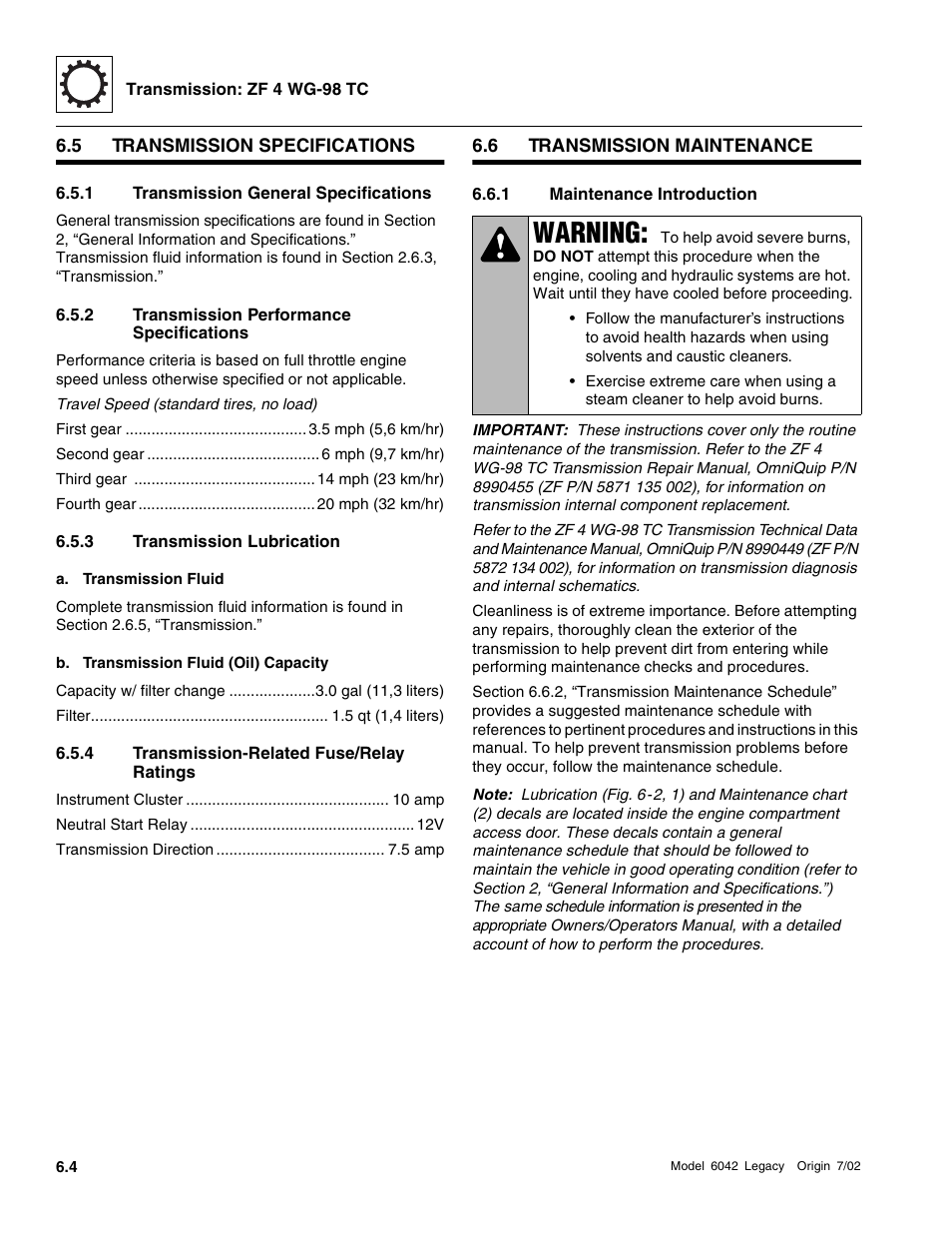 Transmission specifications, Transmission maintenance, Transmission general specifications | Transmission performance specifications, Transmission lubrication, Transmission-related fuse/relay ratings, Maintenance introduction, Warning | SkyTrak 6042 Service Manual User Manual | Page 182 / 544