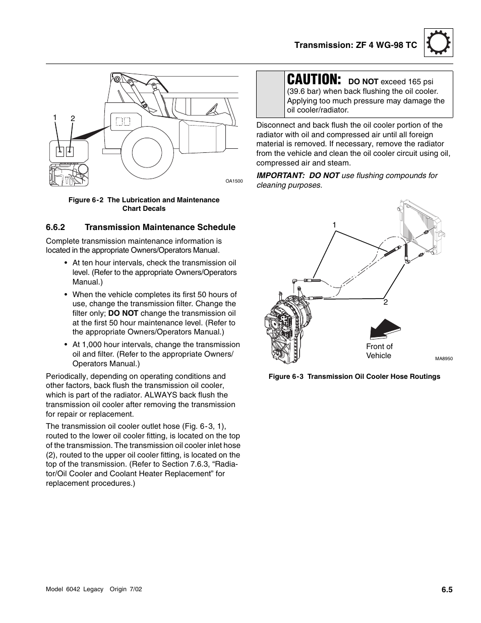 Transmission maintenance schedule, Section 6.6.2, “transmission maintenance schedule, Fig. 6 -2 | Caution | SkyTrak 6042 Service Manual User Manual | Page 183 / 544