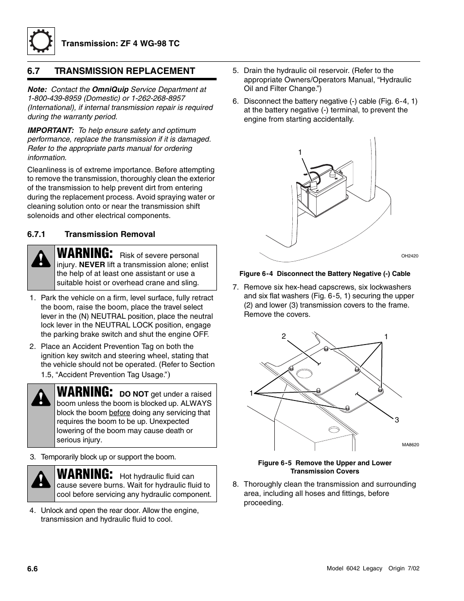 Transmission replacement, Transmission removal, Warning | SkyTrak 6042 Service Manual User Manual | Page 184 / 544