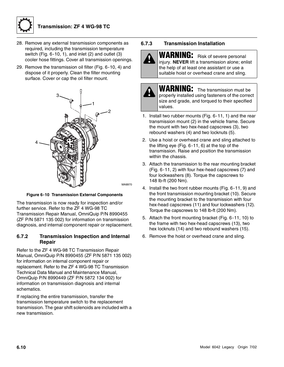 Transmission inspection and internal repair, Transmission installation, Warning | SkyTrak 6042 Service Manual User Manual | Page 188 / 544