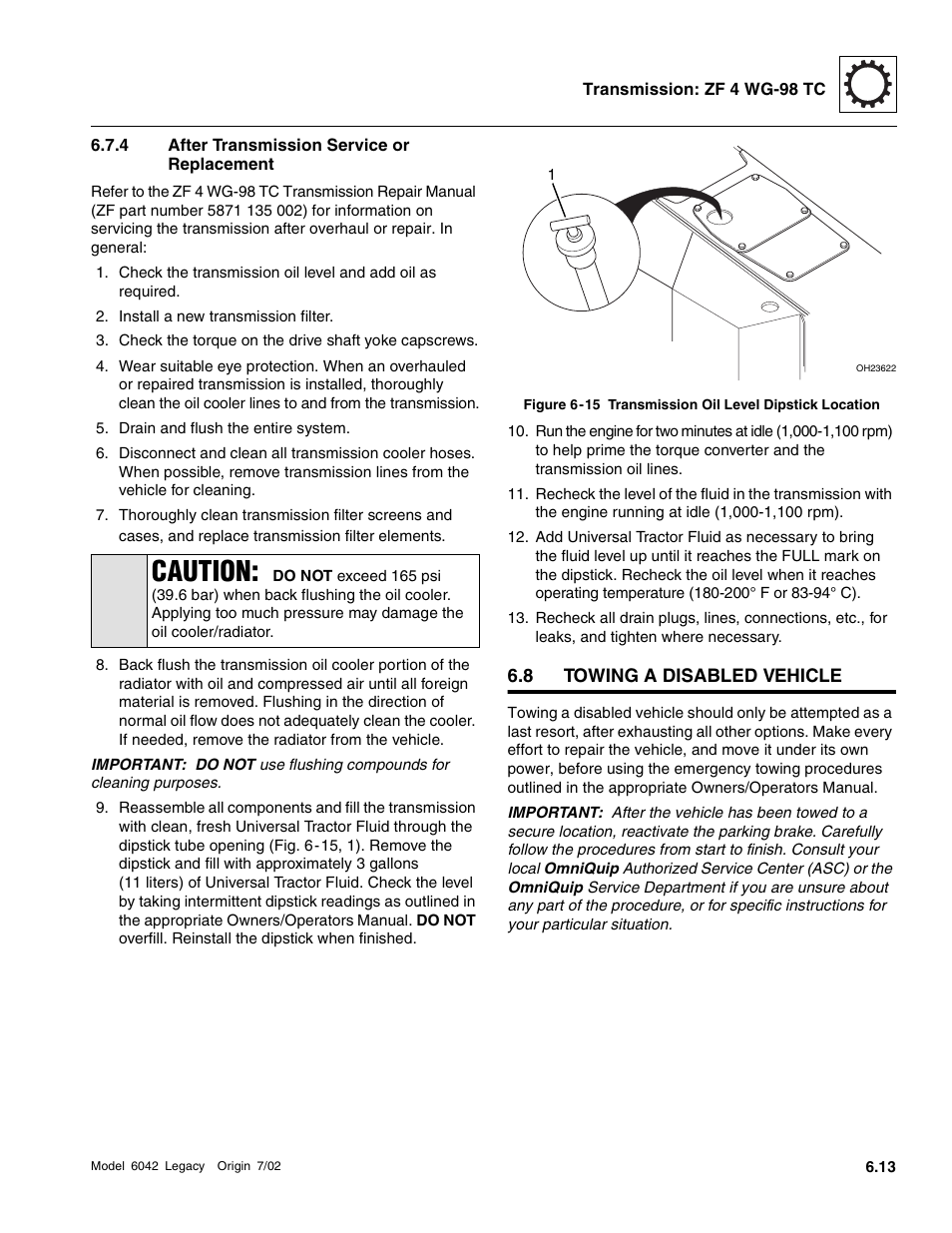 Towing a disabled vehicle, After transmission service or replacement, Caution | SkyTrak 6042 Service Manual User Manual | Page 191 / 544