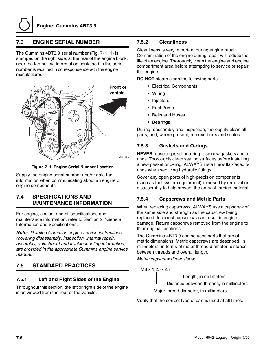 Engine serial number, Specifications and maintenance information, Standard practices | Left and right sides of the engine, Cleanliness, Gaskets and o-rings, Capscrews and metric parts | SkyTrak 6042 Service Manual User Manual | Page 200 / 544