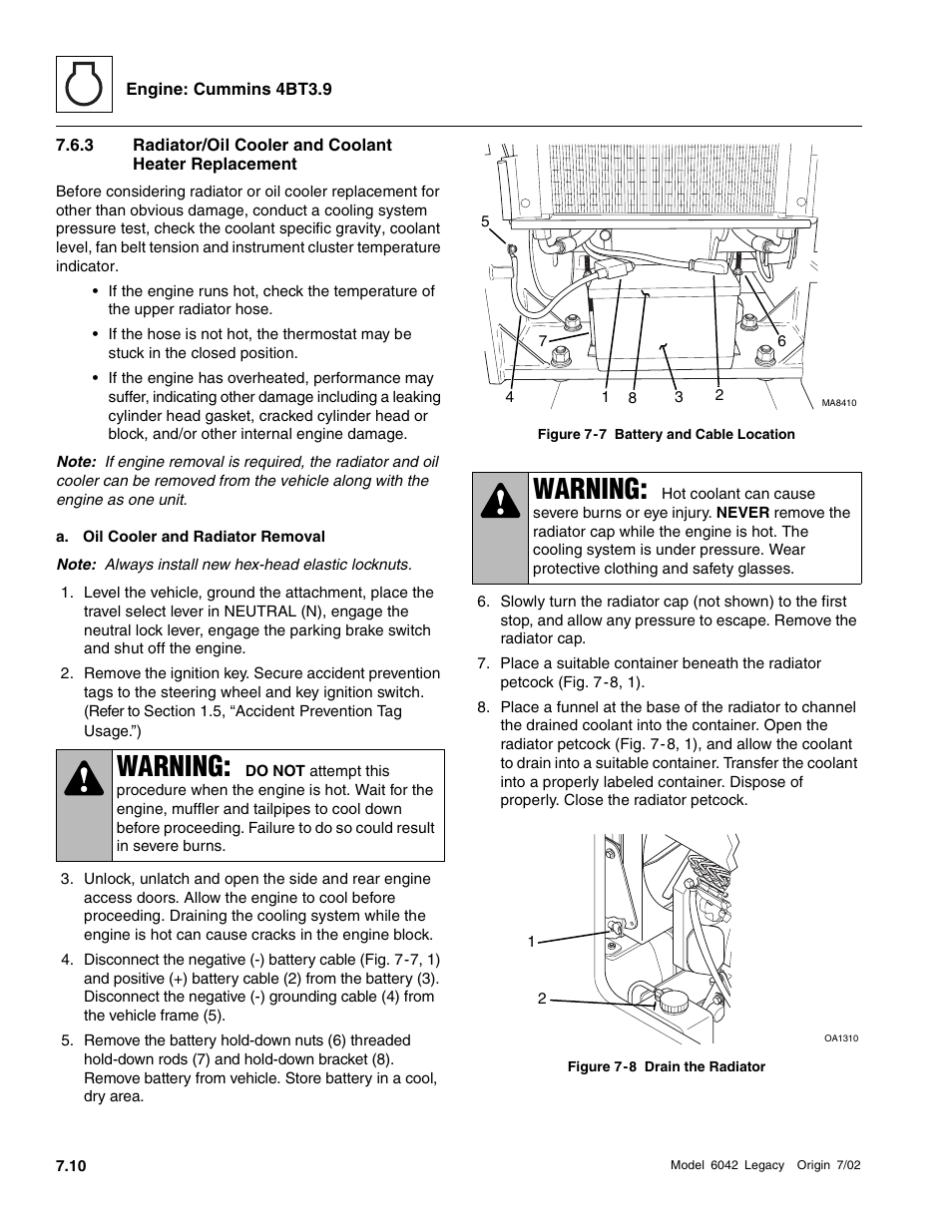Radiator/oil cooler and coolant heater replacement, Warning | SkyTrak 6042 Service Manual User Manual | Page 204 / 544