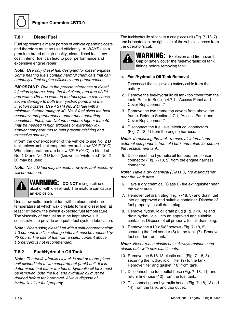 Diesel fuel, Fuel/hydraulic oil tank, Warning | SkyTrak 6042 Service Manual User Manual | Page 210 / 544