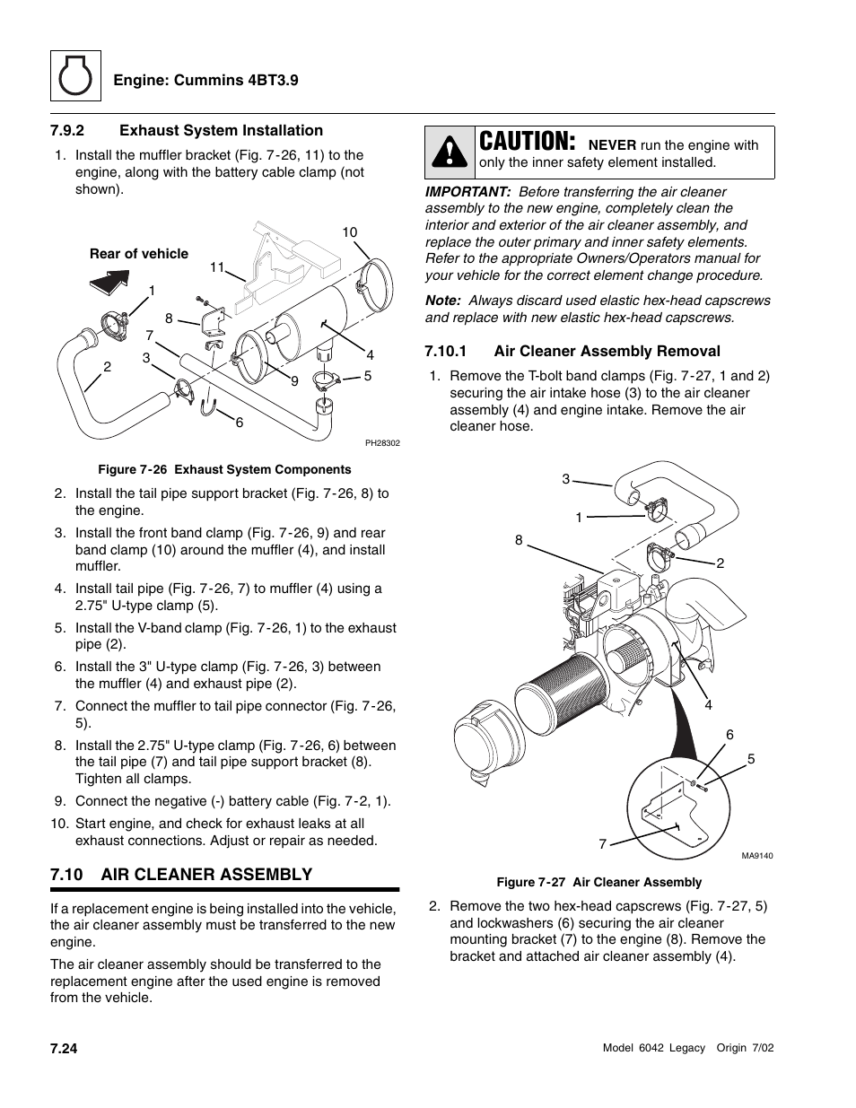 Air cleaner assembly, Exhaust system installation, Air cleaner assembly removal | Caution | SkyTrak 6042 Service Manual User Manual | Page 218 / 544