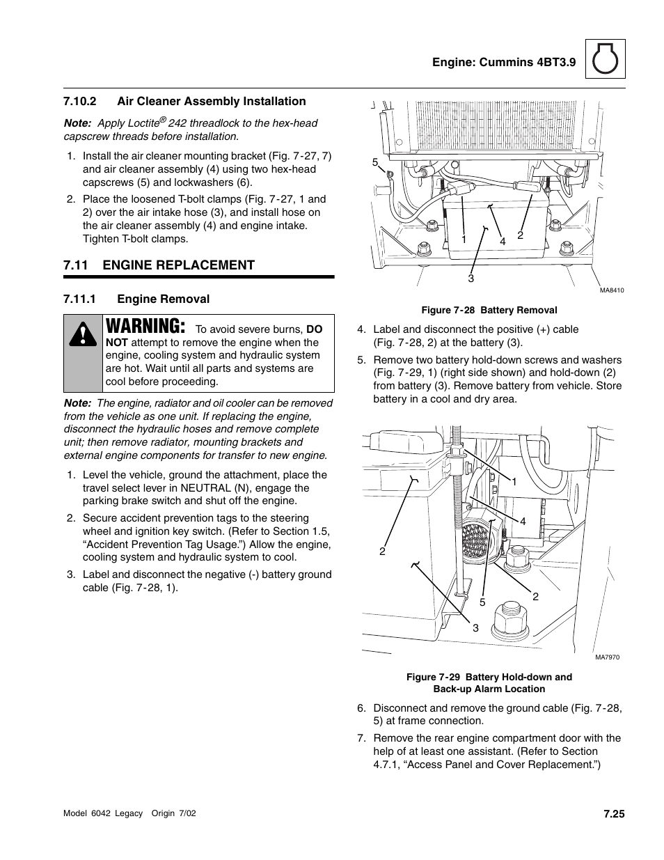 Engine replacement, Air cleaner assembly installation, Engine removal | Warning | SkyTrak 6042 Service Manual User Manual | Page 219 / 544