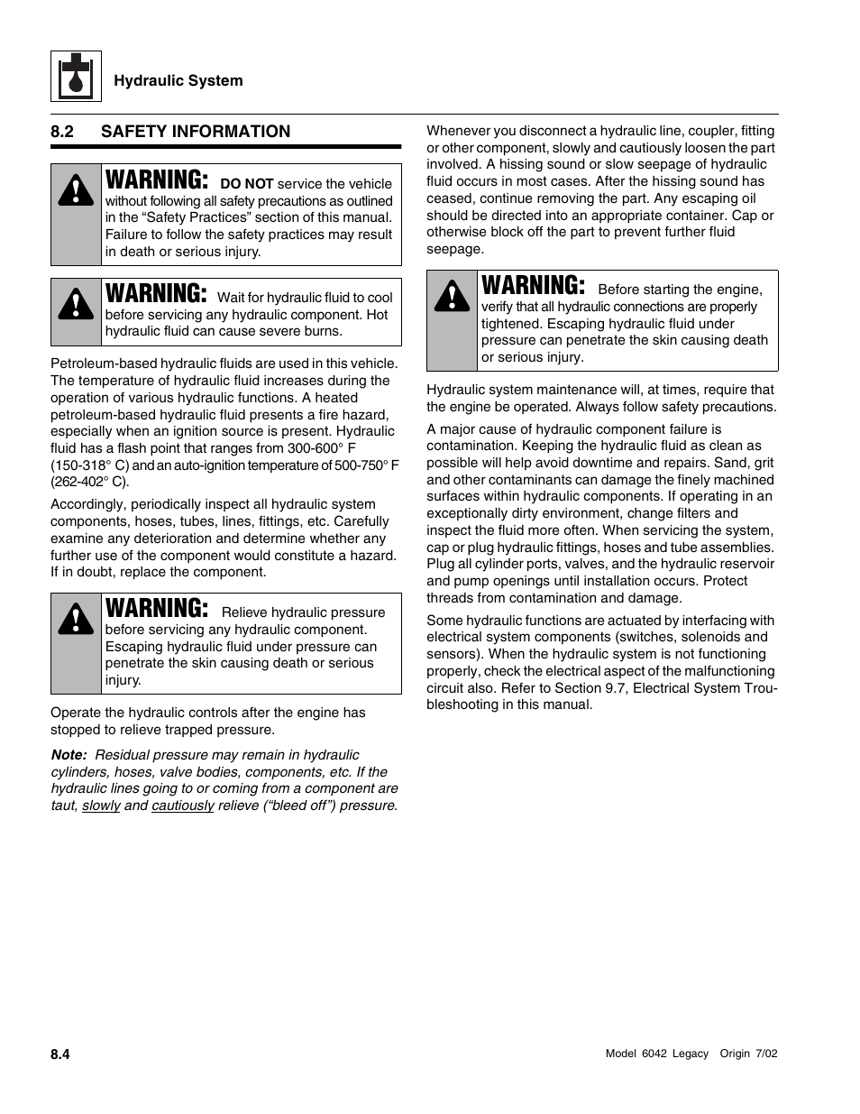 Safety information, Warning | SkyTrak 6042 Service Manual User Manual | Page 236 / 544