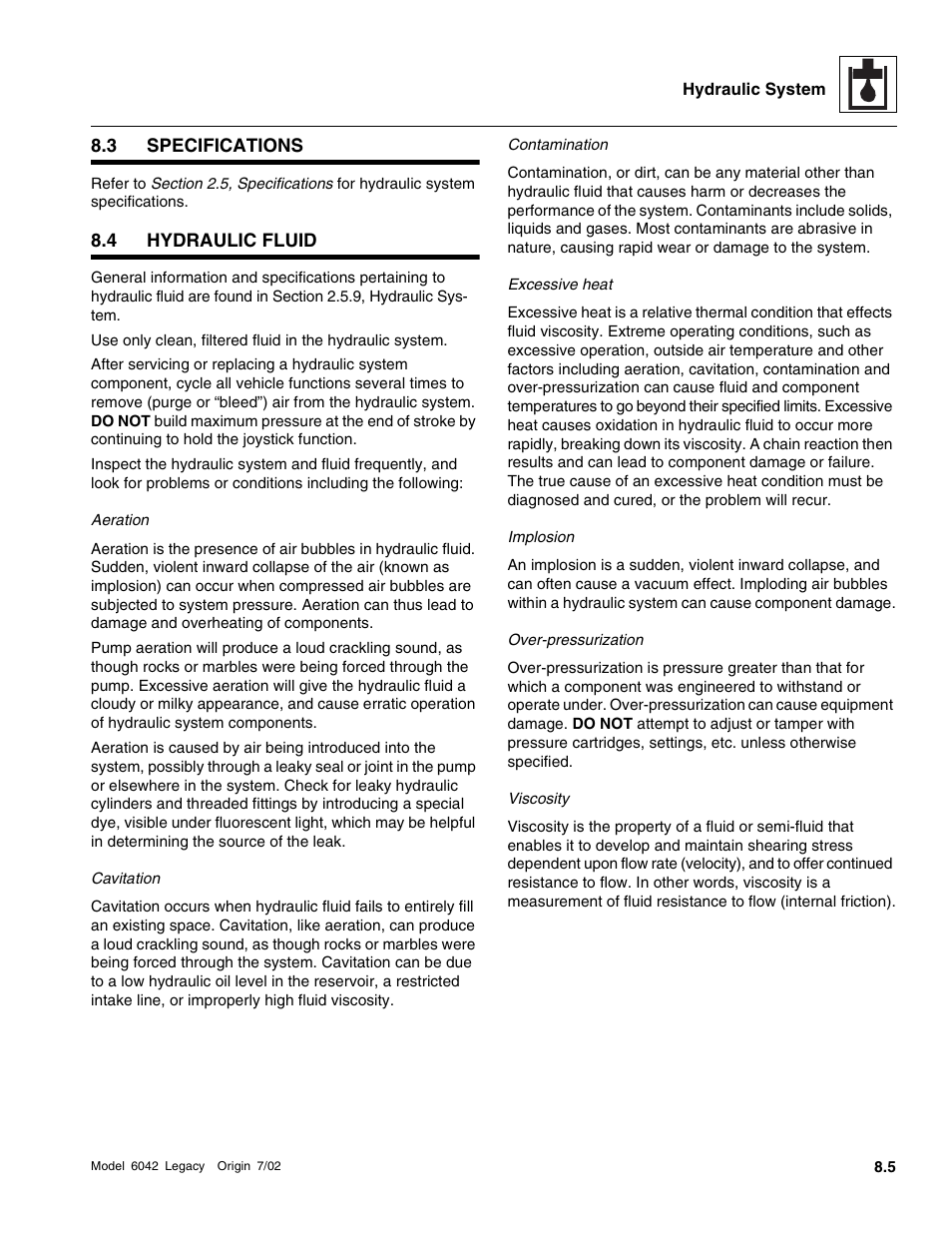 Specifications, Hydraulic fluid | SkyTrak 6042 Service Manual User Manual | Page 237 / 544