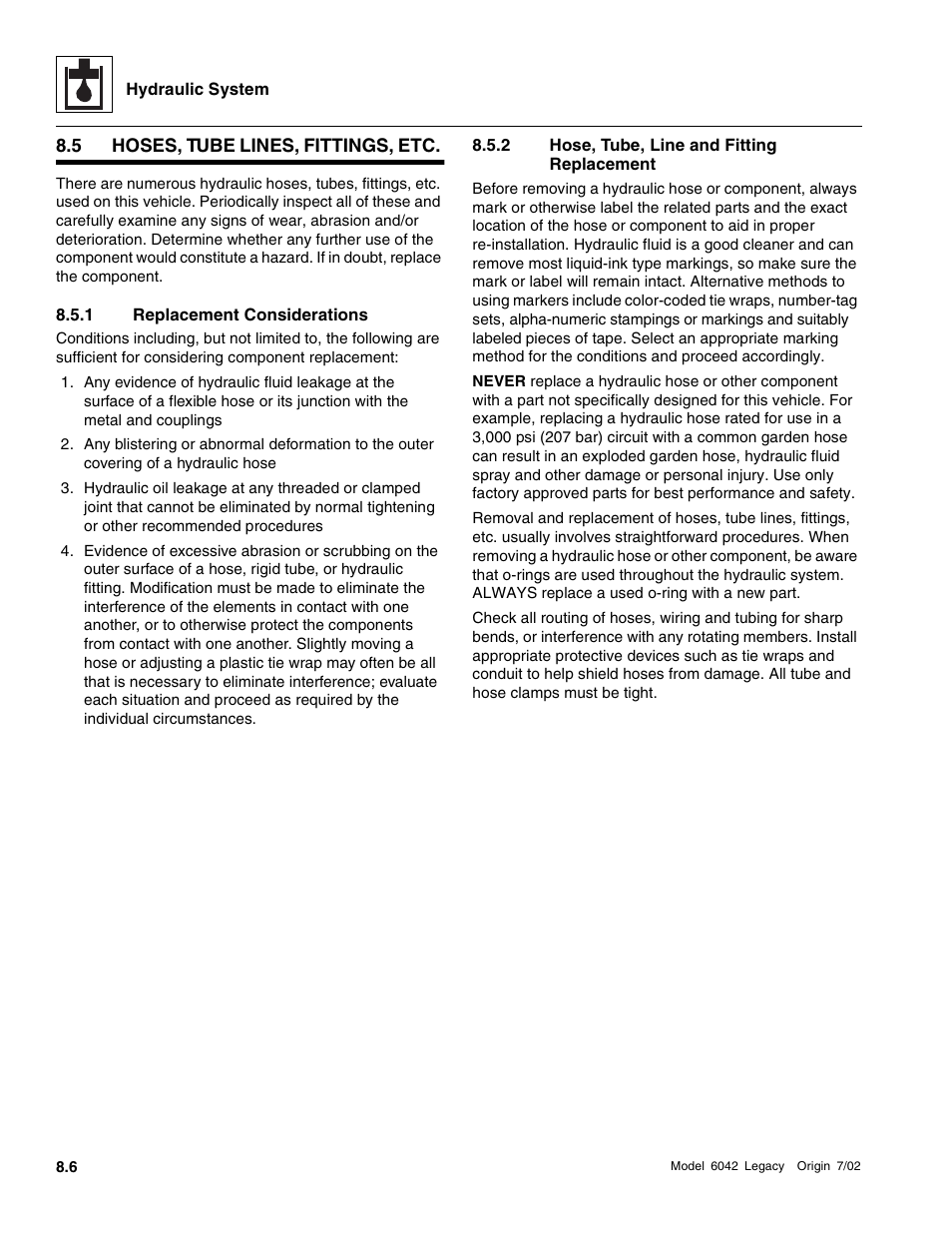 Hoses, tube lines, fittings, etc, Replacement considerations, Hose, tube, line and fitting replacement | SkyTrak 6042 Service Manual User Manual | Page 238 / 544