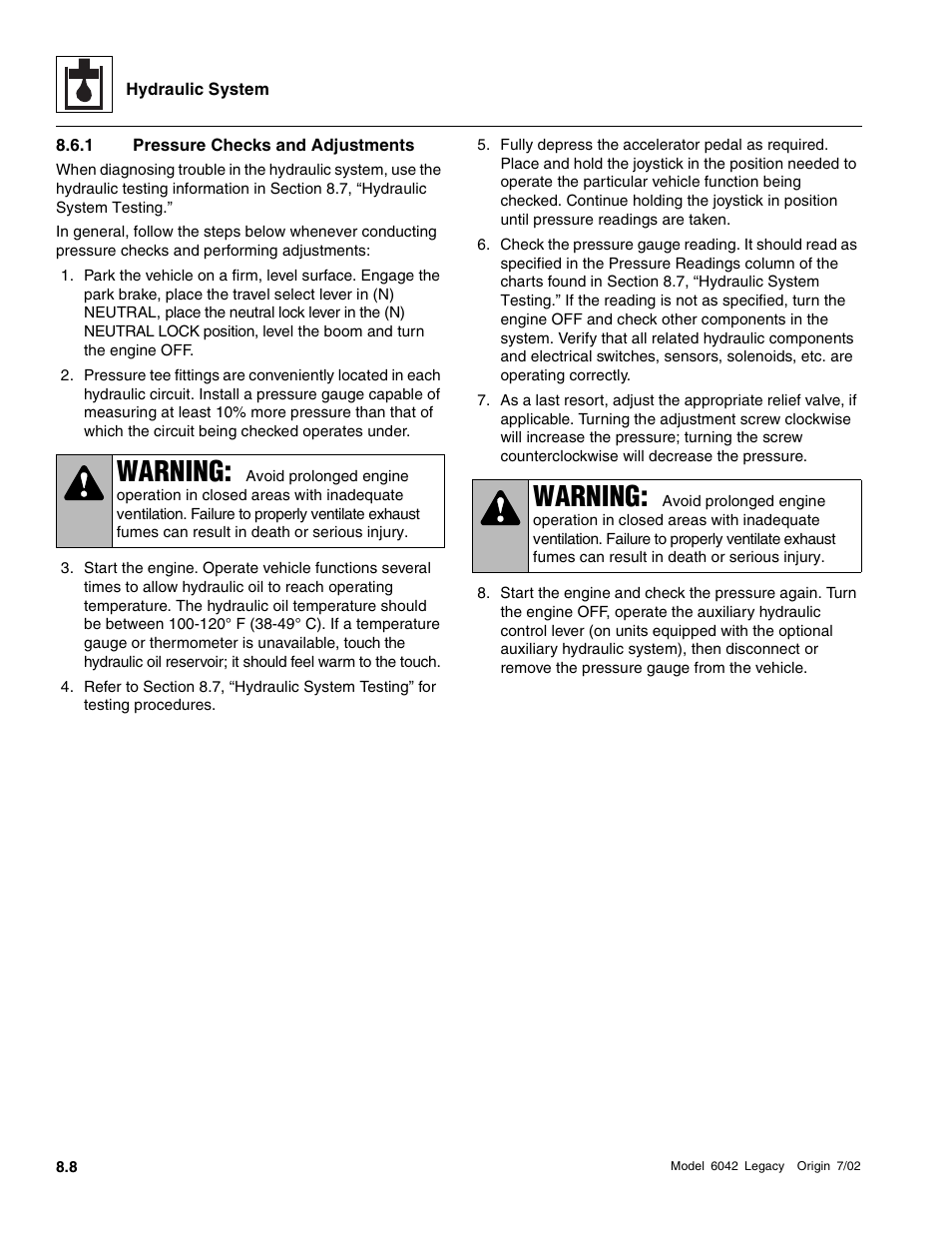 Pressure checks and adjustments, Warning | SkyTrak 6042 Service Manual User Manual | Page 240 / 544