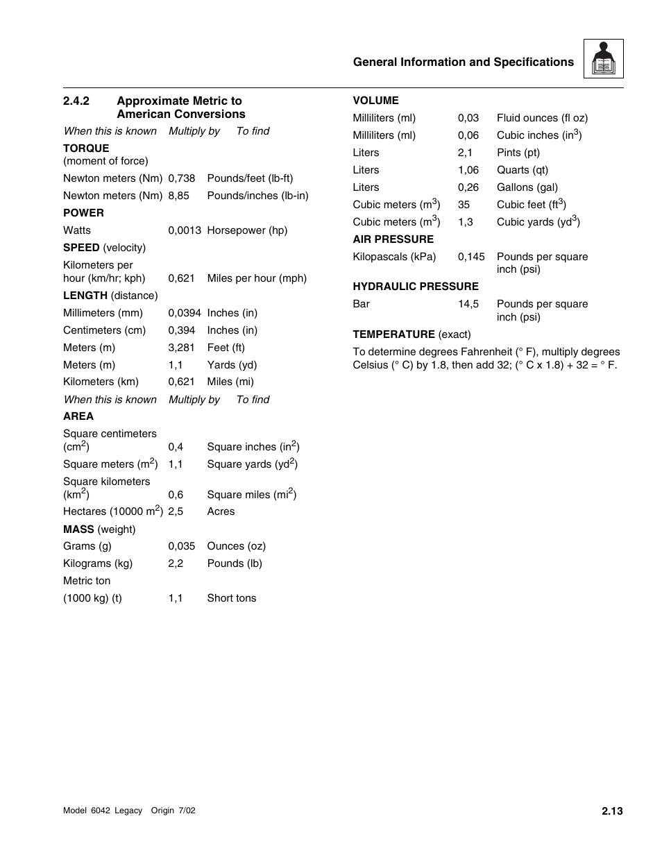 Approximate metric to american conversions | SkyTrak 6042 Service Manual User Manual | Page 27 / 544