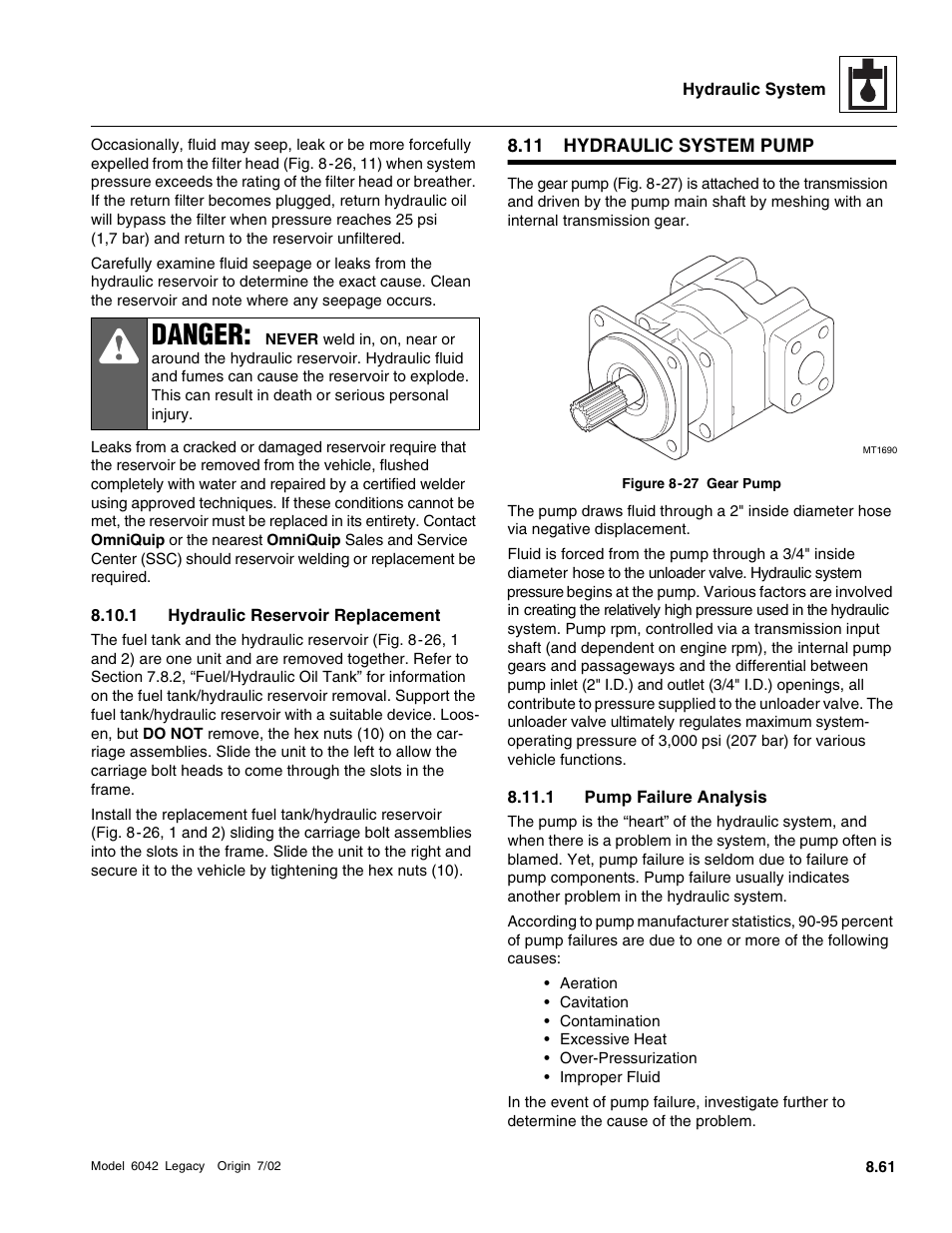 Hydraulic system pump, 1 hydraulic reservoir replacement, 1 pump failure analysis | Danger | SkyTrak 6042 Service Manual User Manual | Page 293 / 544