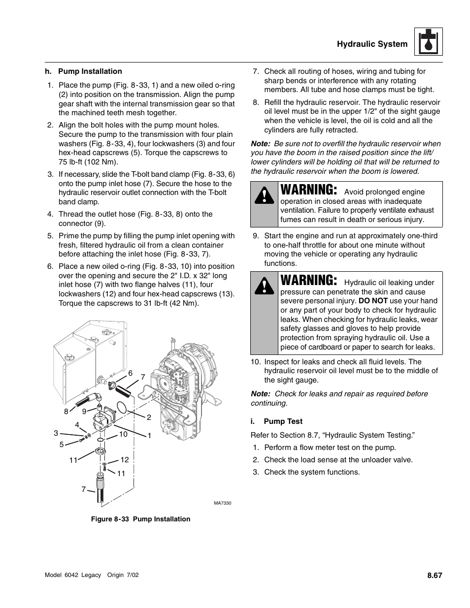 Section 8.11.2, h, Pump installation, Warning | SkyTrak 6042 Service Manual User Manual | Page 299 / 544