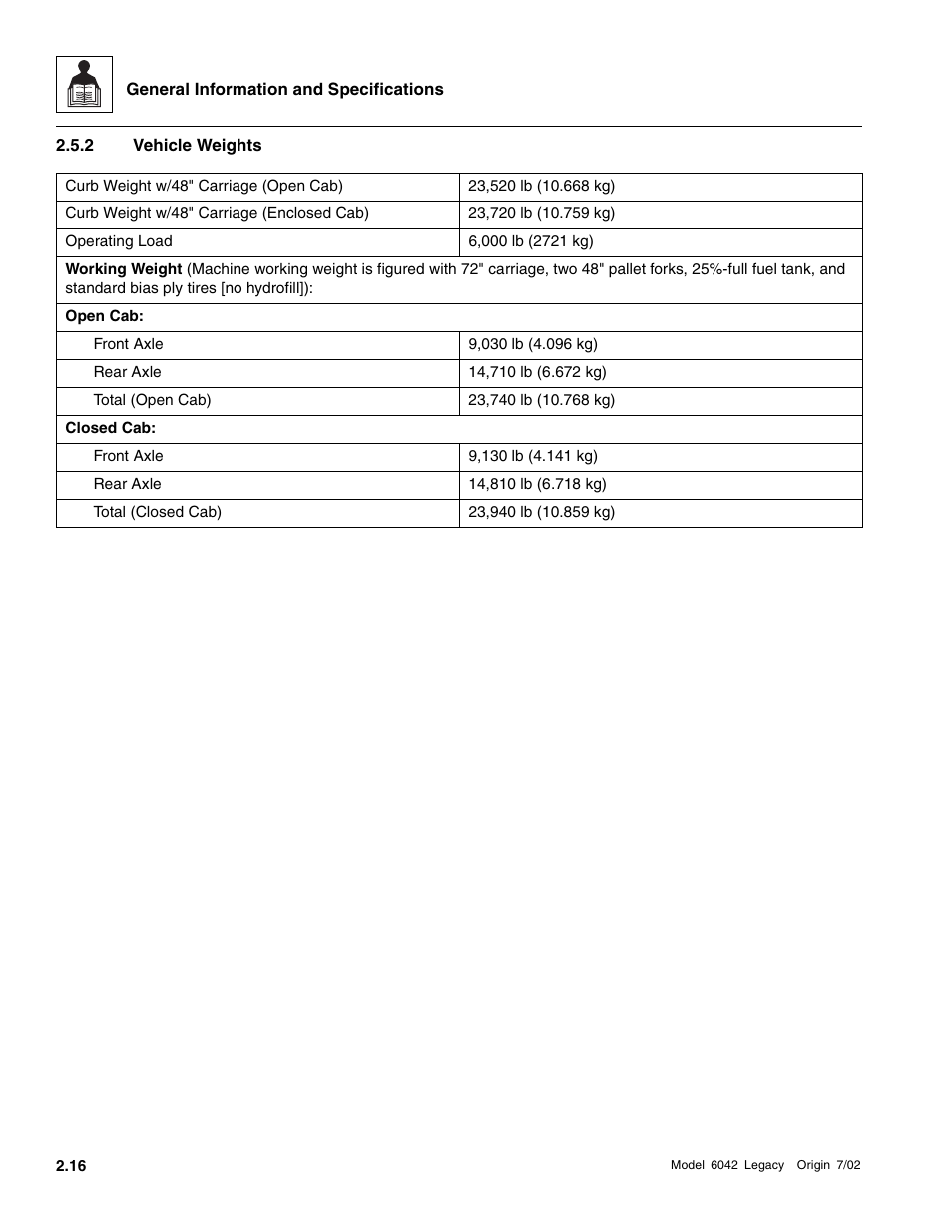 Vehicle weights | SkyTrak 6042 Service Manual User Manual | Page 30 / 544