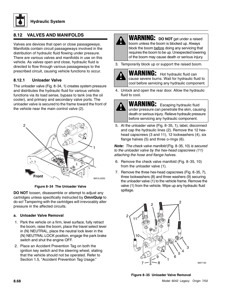Valves and manifolds, 1 unloader valve, Warning | SkyTrak 6042 Service Manual User Manual | Page 300 / 544