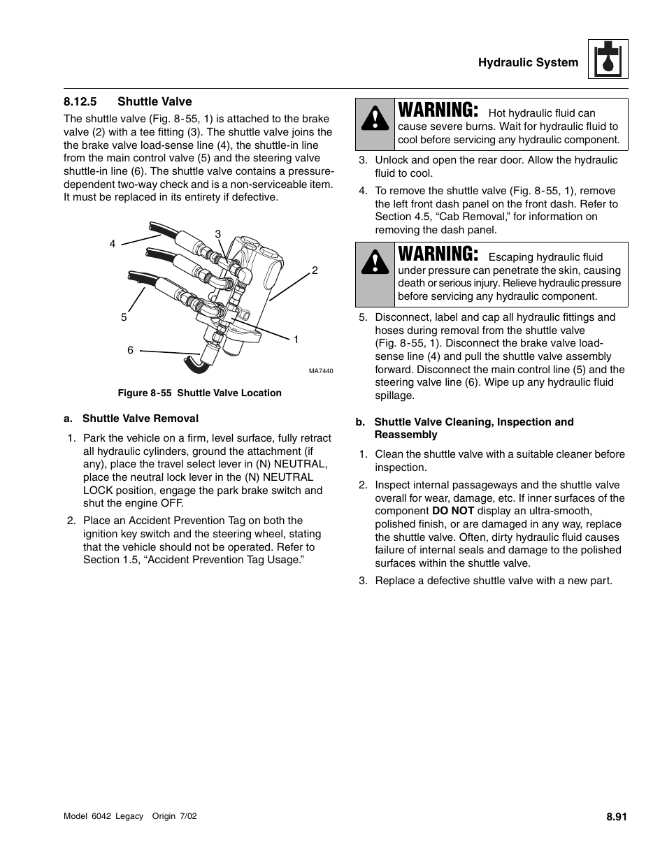 5 shuttle valve, Warning | SkyTrak 6042 Service Manual User Manual | Page 323 / 544