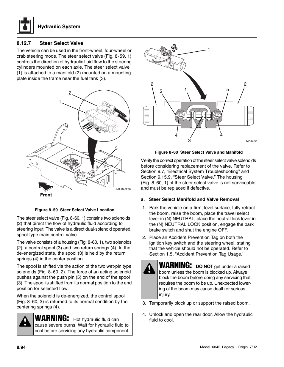 7 steer select valve, Warning | SkyTrak 6042 Service Manual User Manual | Page 326 / 544