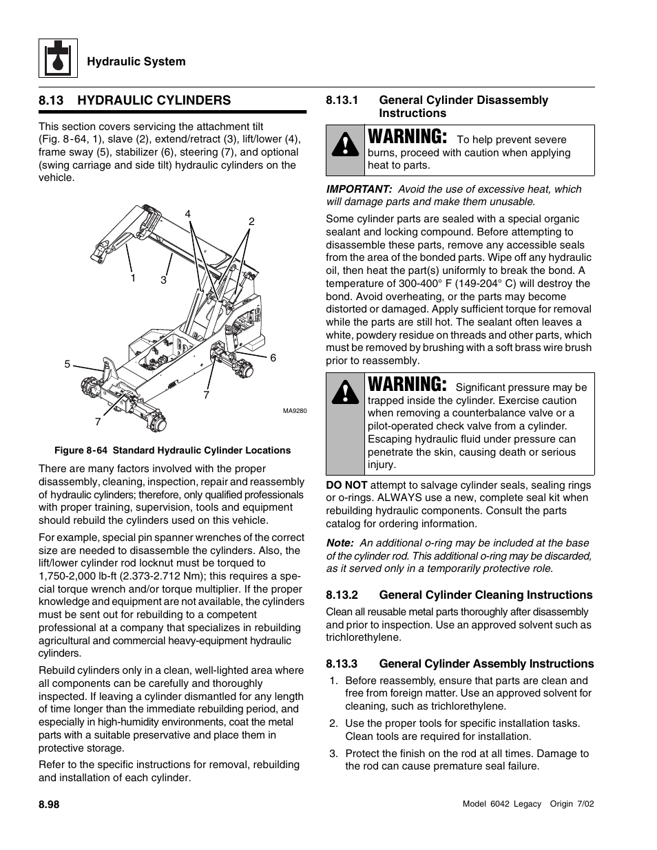 Hydraulic cylinders, 1 general cylinder disassembly instructions, 2 general cylinder cleaning instructions | 3 general cylinder assembly instructions, Warning | SkyTrak 6042 Service Manual User Manual | Page 330 / 544