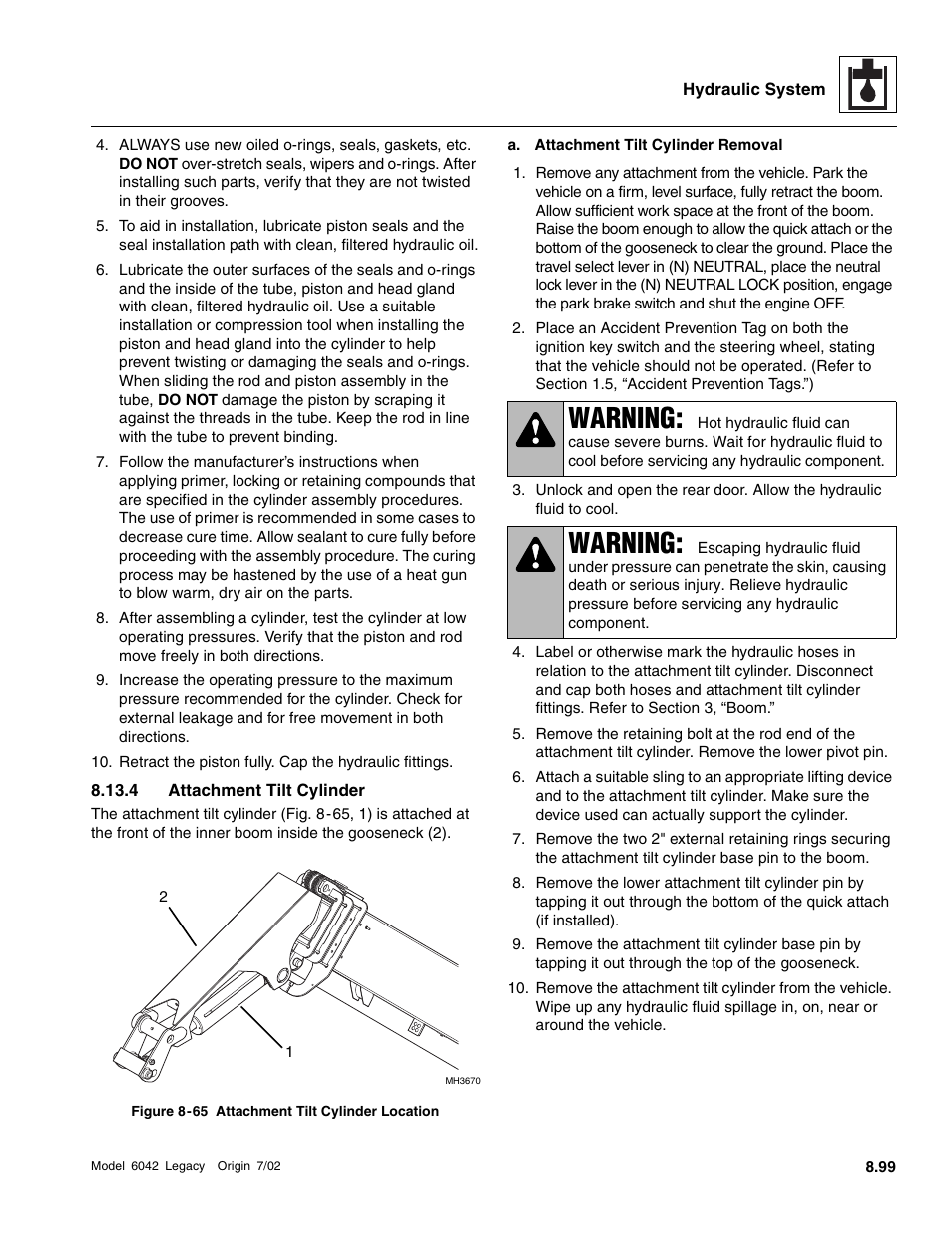 4 attachment tilt cylinder, Warning | SkyTrak 6042 Service Manual User Manual | Page 331 / 544