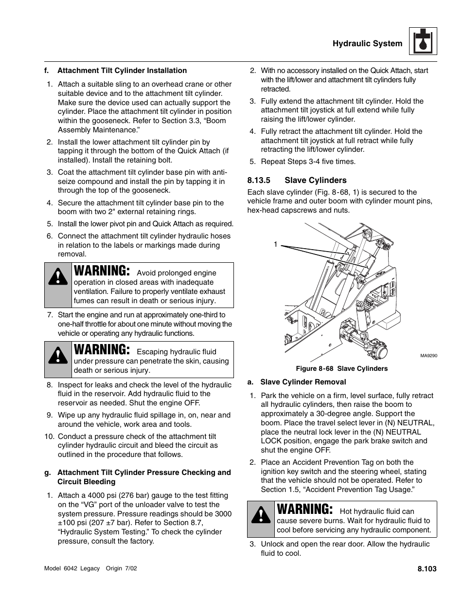 5 slave cylinders, Warning | SkyTrak 6042 Service Manual User Manual | Page 335 / 544