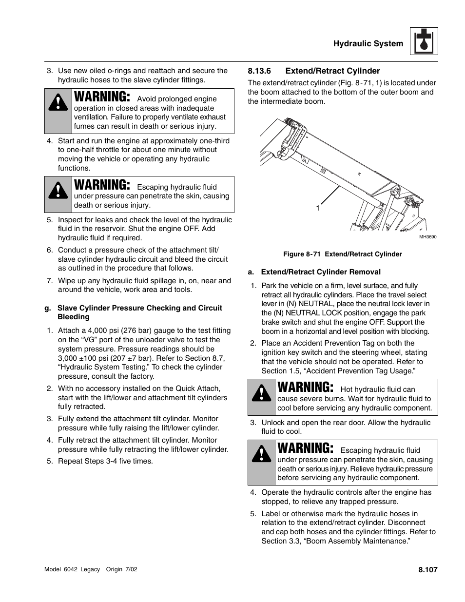 Section 8.13.6, “extend/retract cylinder.”), 6 extend/retract cylinder, Warning | SkyTrak 6042 Service Manual User Manual | Page 339 / 544