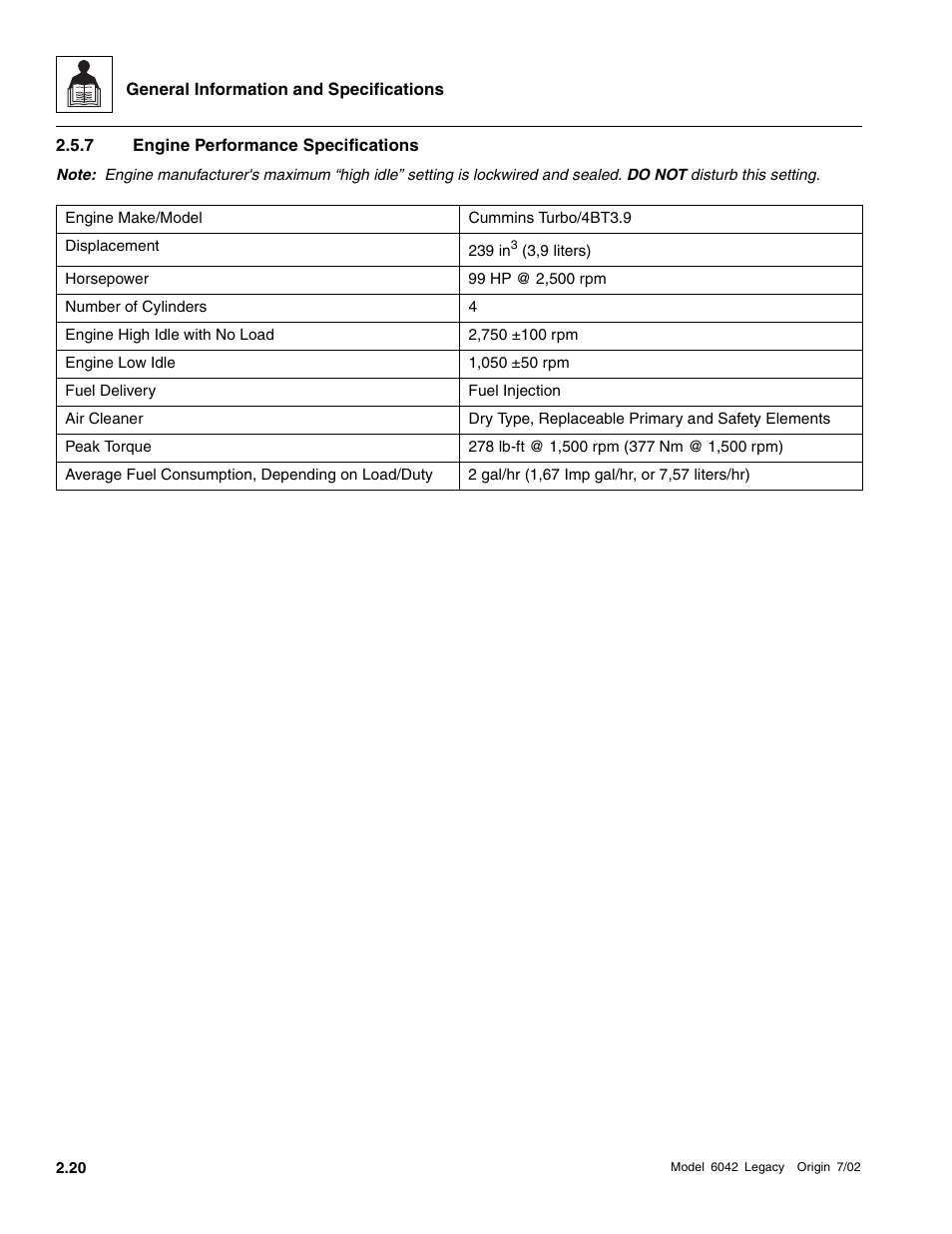 Engine performance specifications | SkyTrak 6042 Service Manual User Manual | Page 34 / 544